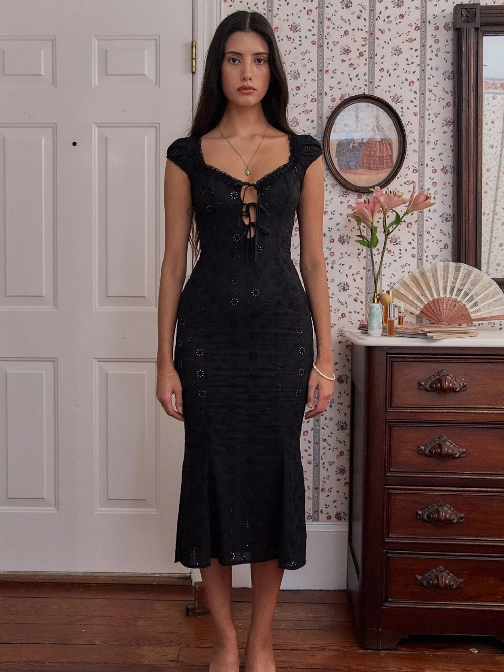 Mirror Palais Black Eyelet Lace-Up Midi Dress